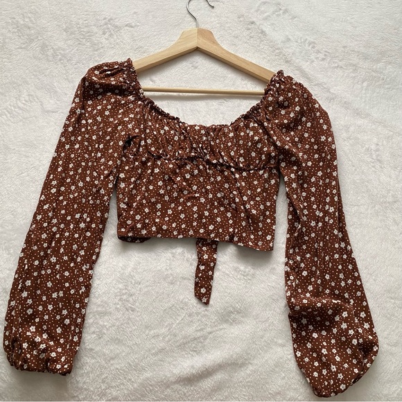 PacSun Cropped Brown Billowy Sleeve Floral Print Top - Picture 7 of 10